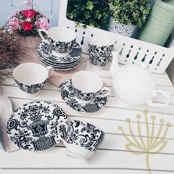 6 Sets of Seville Black Teacups _ Saucers + 1 Royal Palace Teapot by Lovera Collections