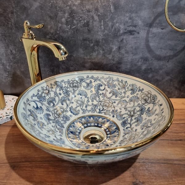 Beautiful Handmade Ceramic Basin WIth Gold Trim At Modeste Bathroom Supply Store